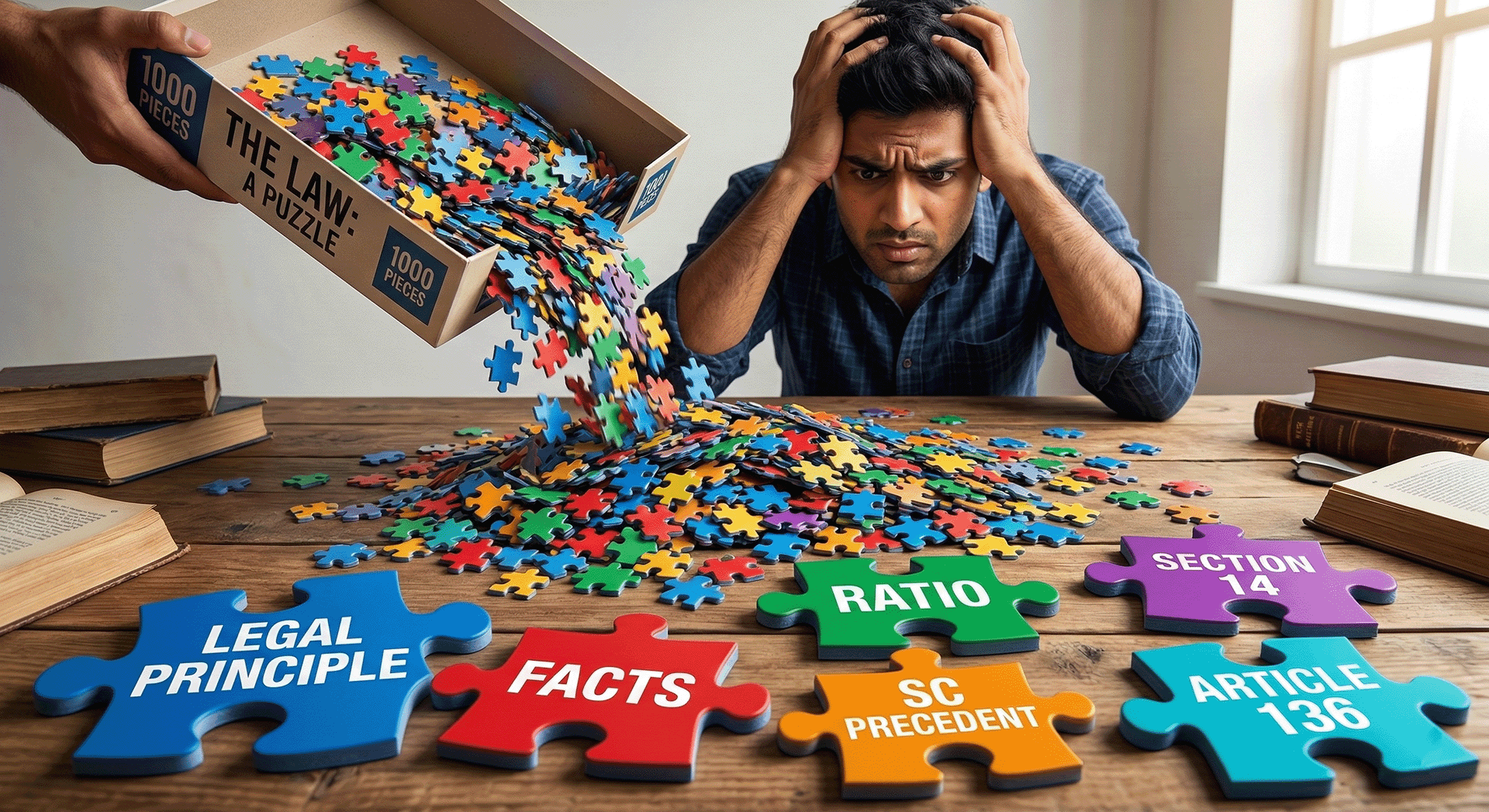 A lawyer overwhelmed by scattered jigsaw pieces — the document-dump reality